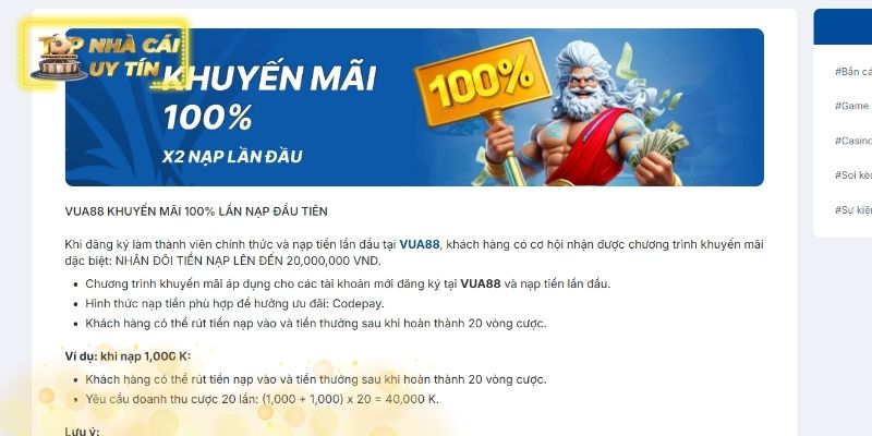 VUA88 - Top Nhà Cái Uy Tín Số 1 Thị Trường Việt Ưu đãi chào mừng tân binh lên đến 100K